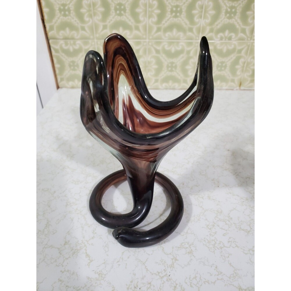 Vtg Sooner Hand Blown Art Glass Tulip Trumpet Vase Brown Swirl Coiled Base 7”